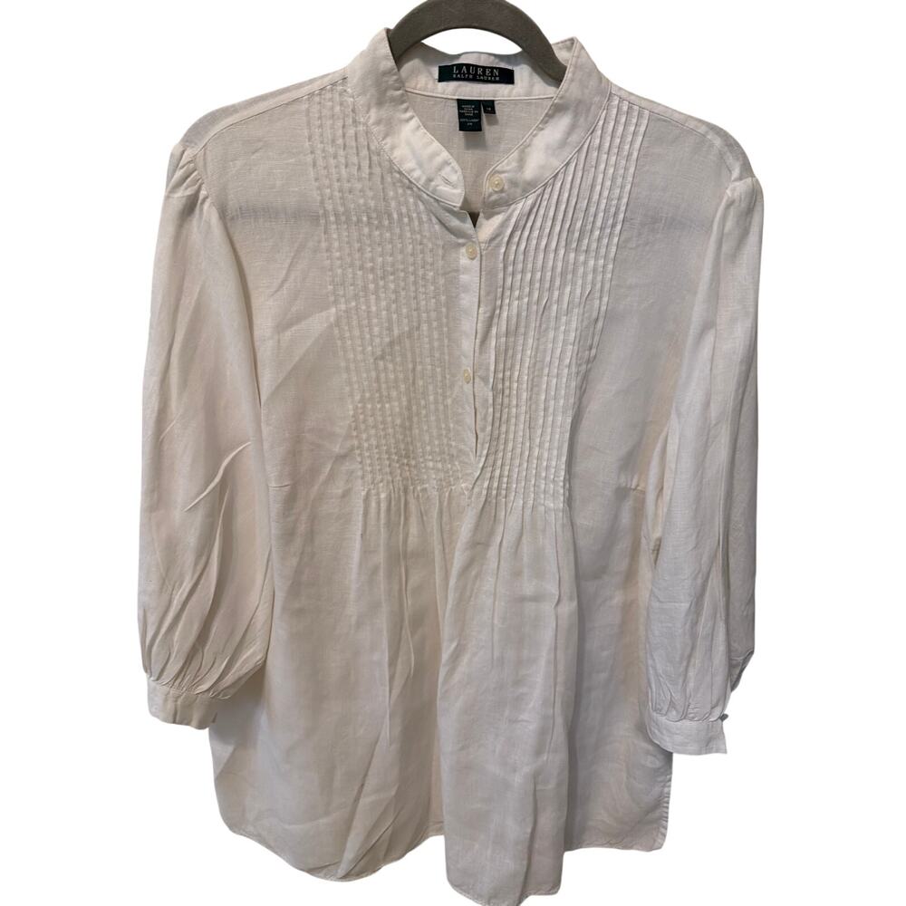 Lauren Ralph Lauren White Linen Button Up Shirt Women's Size XL Smocked Coastal